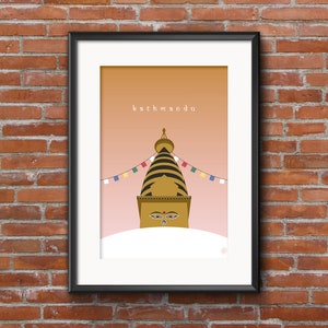 May include: A digital illustration of a golden stupa with a pink and orange background. The stupa has a black and white striped design and a face with eyes and a nose. The text "kathmandu" is written in white at the top of the image.