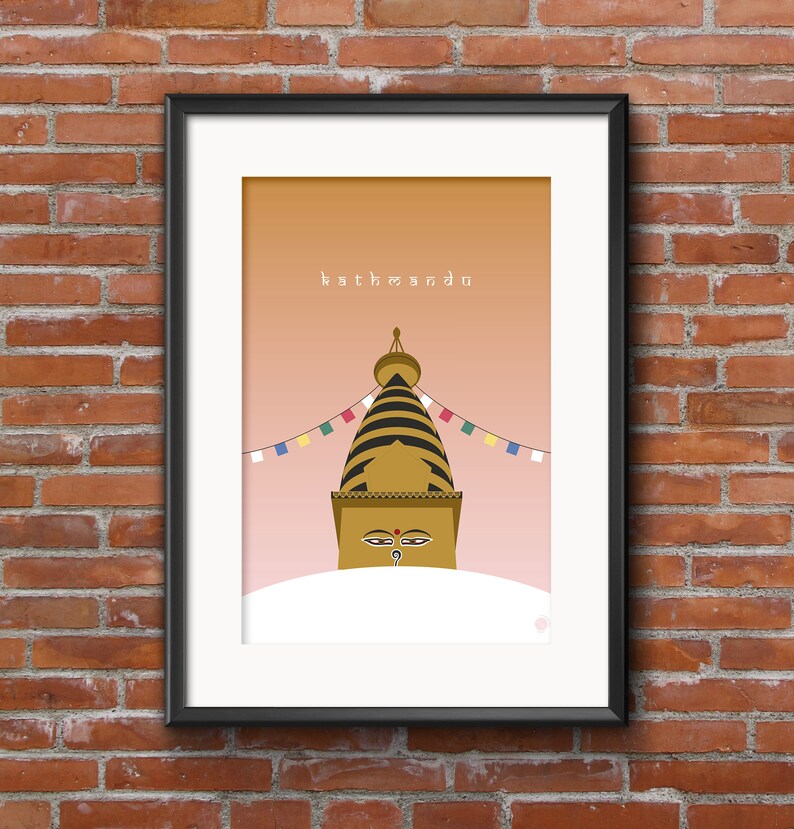 May include: A digital illustration of a golden stupa with a pink and orange background. The stupa has a black and white striped design and a face with eyes and a nose. The text "kathmandu" is written in white at the top of the image.