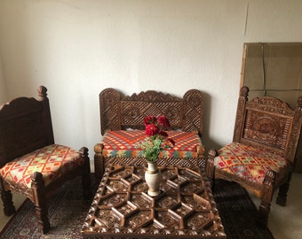 Massivholz Handgeschnitzt Kilim Sofa Set ,Handgefertigt 3Teilig Couch Set ,Wohnzimmer Kilim Sofa Set , Kilim gepolstert 3 Teilig Sessel Set