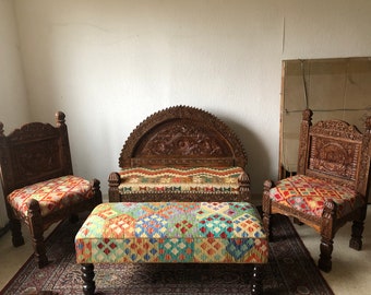Massivholz Handgeschnitzt Kilim Sofa Set ,Handgefertigt 3Teilig Couch Set ,Wohnzimmer Kilim Sofa Set , Kilim gepolstert 3 Teilig Sessel Set