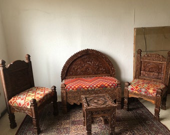 Couch Vintage, Wooden Couch. Kilim Rug Chairs , Sofa Set Wood Kilim, KIlim Chairs