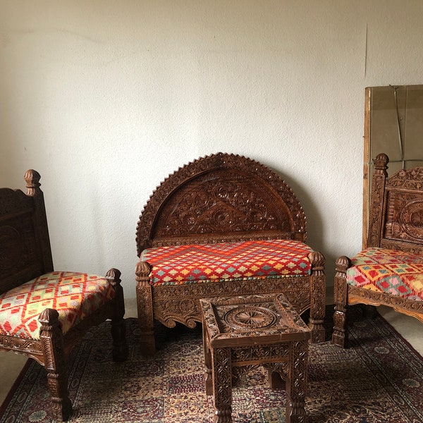 Couch Vintage, Wooden Couch. Kilim Rug Chairs , Sofa Set Wood Kilim, KIlim Chairs