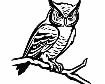 Owl Simple Vector Image, Black and White Outline Art, Perched Owl Design, Digital Download for Engraving, Printing, DIY Projects