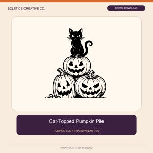 Katt-toppad pumpahög pumpa SVG, Halloween-klippfil och transparent PNG digital nedladdning