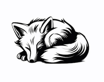 Fox Simple Vector Image, Black and White Outline Art, Sleeping Fox Digital Design, Wildlife SVG for Engraving or Crafting