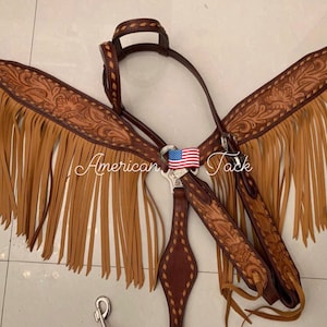 Western Brown Leather Tack Set of Headstall and Breast Collar with Fringes