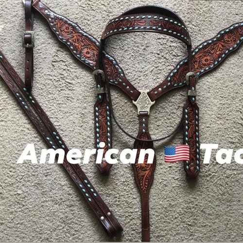 66 Western Brown Leather Hand Carved set of Headstall & Breast Collar 