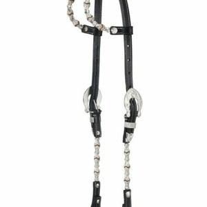 May include: Black leather horse headstall with silver conchos and a beaded browband.