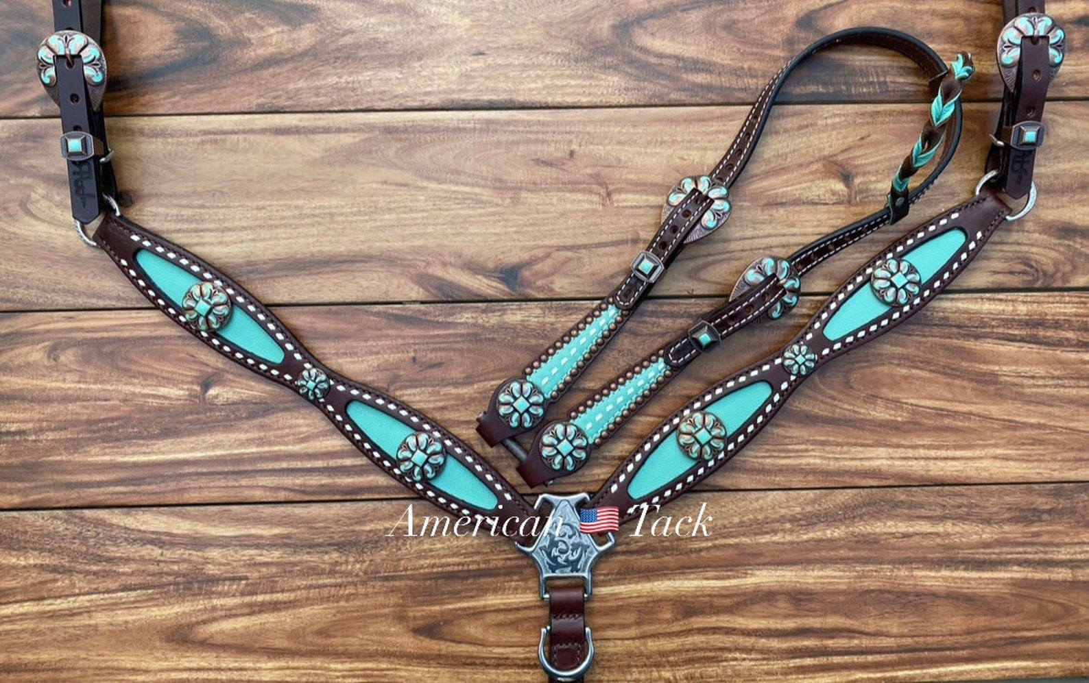 Ensemble Western Cuir Marron – Têtière Bling – Imprimé Noir Et Cristal – Neuf