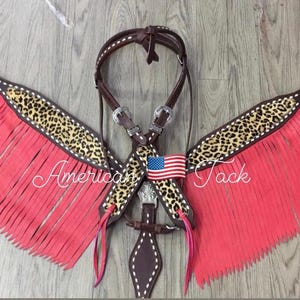Western Brown Leather tack Set of Headstall and Breast Collar with Fringes