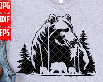Bear Outdoor Scene svg | Wild Life Cut File | Beast Grizzly Clipart | Camping View Stencil | Camp Life Shirt png| Mountain Campers Scene dxf