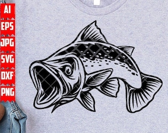 Bass Fisch svg | Angeln Papa Clipart | Angler Shirt png | Angelschablone | Große Mund Bass Schnittdatei | Seefischen dxf | Süsswasserfluss
