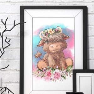 Cute Floral Highland Cow | Files For Sublimation | Highland Cow Png | Cute Animal Cow Png | Cow PNG | Floral Animal Png | Farm Animal Png image 2