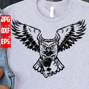 Uil met Schedel svg | Outdoor Clipart | Night Creature dxf | Uil Shirt png | Nachtelijke Animal Cut File | Schedel Halloween Stencil | Wilde Uil