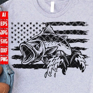 US Bass Fish svg / Fishing Dad Clipart / Angler Shirt png / Angling Stencil / Large Mouth Bass Cut File / Lake Fish dxf / Fresh Water River
