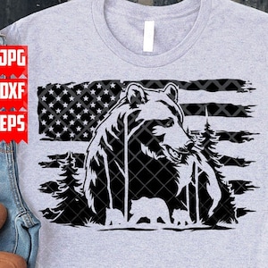 US Bear Outdoor Scene svg / Wild Life Cut File / Beast Grizzly Clipart / Camping View Stencil / Camp Life Shirt png / Mountain Campers dxf