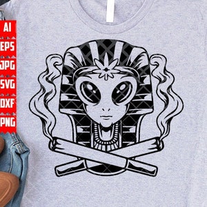 Alien Pharao mit Gelenk svg | Rasta Ägypten Shirt png | Hoch ägyptischer König Schablone | 420 Pyramiden-Schnittdatei | Versteinerte Mumie | Kush Grab Clipart