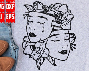 Laugh Now Cry Later svg | Happy and Sad Cut File | Smile and Frown Stencil | Theater Mask Shirt png | Impostor dxf | Floral Mask Clipart jpg