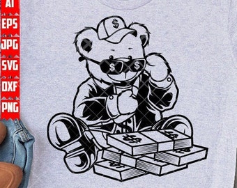 Teddy Hustler with Money Bundle svg | Hippie Grizzly Clipart | Gangster Bear Cutfile | Hipster Teddy Boss Stencil | Rich Cool Kid Shirt png