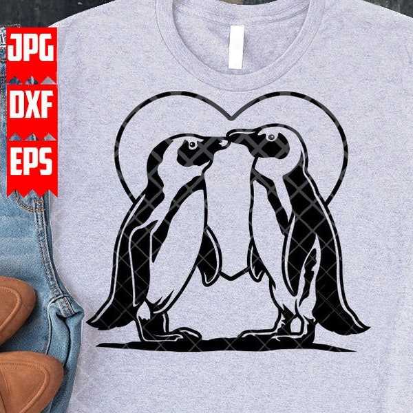 Penguin Svg | Kissing Animals Clipart | North Pole Sea Creature Stencil | Penguin Love Cut File | Cute Penguin Lover T-shirt Design Png Dxf