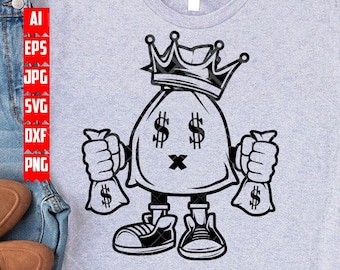 Moneybag King svg | US Dollar Sign Clipart | Rich Cutfile | Cool Guy Shirt png | Money Mascot dxf | Mafia Boss Stencil | Hippie Gangster jpg