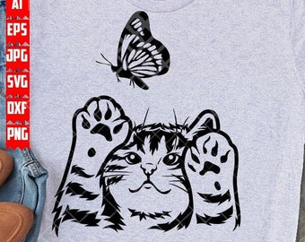 Cat Reaching Butterfly svg | Curios Kitten Clipart | Funny Cat Playing Stencil | Cute Animal Shirt png | Pet Lover Gift Idea | Zoo Crew dxf