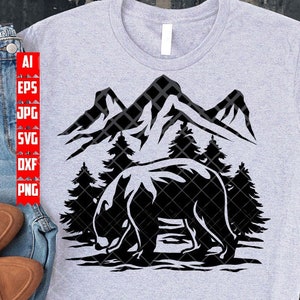Escena de oso al aire libre svg / Archivo de corte de vida salvaje / Clipart de bestia grizzly / Plantilla de vista de campamento / Camiseta de vida de campamento png / Escena de campistas de montaña dxf