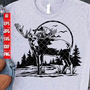 Scène d'orignal svg | Clipart extérieur | Chemise Boho CampLife png | Pochoir des bois de l'ouest | Coupe-file papa chasseur | Voyageur dxf| Camping bohème jpg