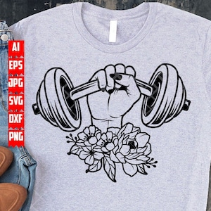 Meisjeshand in halter-svg | Clipart gewichtheffer | Bodybuildershirt met bloemen, png | Cutfile fitnesslichaam | Gezondheidscoach dxf| Gespierde dame