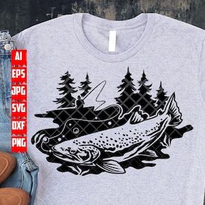 Zalmvisscène svg | Visshirt png | Snijbestand riviervisser | Stencil voor zoetwatervissen | Visser cadeau-idee dxf | Buiten Clipart