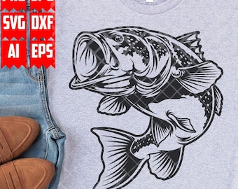 Bassfisch svg | Große Mund Bass Clipart | Angeln Shirt png | Fischer Dad Cut File | See Angel schablone | Süßwasserfluss Fische dxf