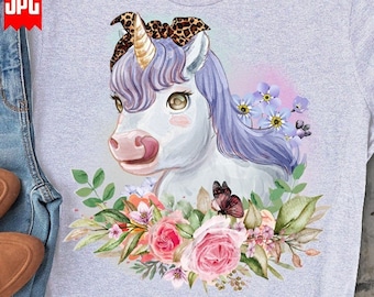 Cute Floral Unicorn PNG | Files for Sublimation | Cute Floral Unicorn with Leopard Bands Png | Flower Watercolor Animal Background Image jpg