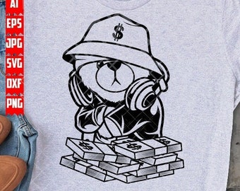 Teddy Hustler with Money Bundle svg | Hippie Brown Bear Clipart | Gangster Grizzly Cutfile | Hipster Teddy Stencil | Rich Cool Kid Shirt png