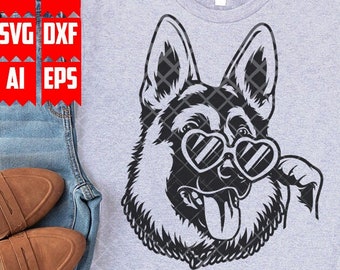 Cute Funny German Shepherd Dog Svg Files | Dog on Shades Stencil | Summer Dog Cut File | Doggo T-shirt Design png | Dog Lover Gift Idea dxf