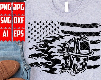 US Flaming Fire Fighter Skull svg | Firefighter Dad Clipart | Fireman T-shirt Design png | Patriotic Red Thin Line Cut File | Fire Tools dxf