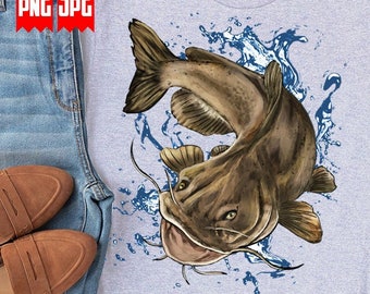 Cat Fish PNG | Files for Sublimation Prints | Catfish Png | Lake Fishing Day PNG for Tumbler | Angler Background Waterslide Image Pen Wraps