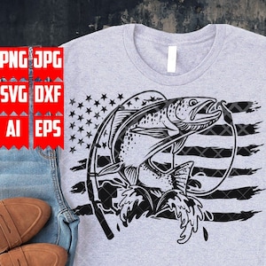 May include: A black and white graphic design of a fish jumping out of the water with a fishing rod and line. The fish is in front of a distressed American flag.
