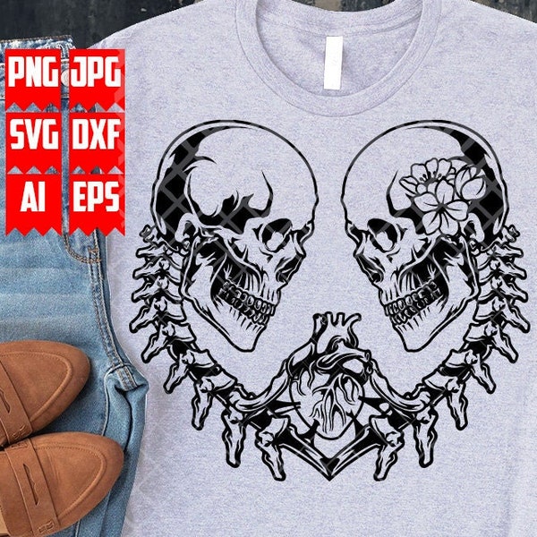 Skull Lovers svg | Couple Goals Stencil | Skeleton Lovers Cut File | Til Death Do Us Part Clipart | Floral Skeletal dxf | Flower Skull