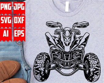 May include: Black and white illustration of an ATV, or all-terrain vehicle, with a front-facing view. The ATV has a black frame, a black seat, and black wheels with white tread.