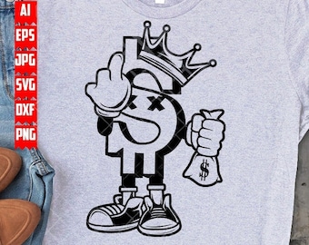 Dollar King with Money Bag svg | Hipster Rich Kid Clipart | Hippie Bling Cutfile | Gangster Cool Guy Stencil | USD Sign dxf | Bill Mascot