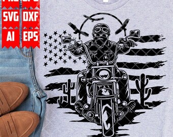 May include: Black and white graphic design of a motorcycle rider with an American flag background. The rider is wearing a helmet and goggles and is riding a motorcycle with a large front wheel. The motorcycle is surrounded by cacti and the American flag is in the background.
