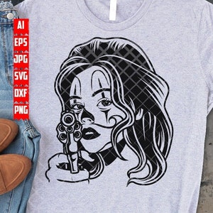Chicano Mädchen mit Pistole svg | Gangster Lady Clipart | Hipster Woman Cutdatei | Hippie Mom T-Shirt png | Sexy dxf mit Revolver | Western Boho jpg