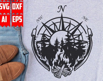 Camping Outdoor Compass svg | Adventure Awaits Clipart | Traveler Stencil | Camp Life Shirt png | Bon Fire Forest Night Scene dxf | Wild svg