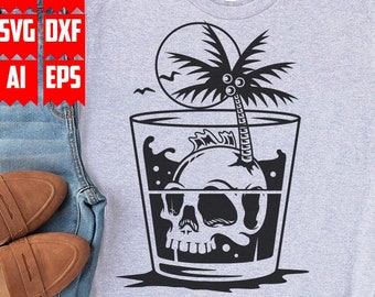 May include: A gray t-shirt with a black and white graphic of a skull in a glass with a palm tree growing out of the top. The palm tree has a full moon behind it.