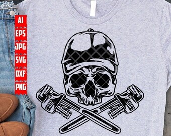 Plumber Skull svg | Plumbing Clipart | Pipe Fitter Dad Stencil | Repairman Shirt png | Pipe Repair Cutfile | Wrench dxf | Contractor jpeg