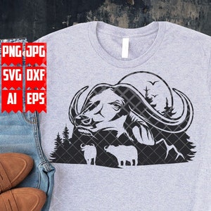Scena Buffalo Svg | Buffalo Png | Zwierzę Svg | Clipart Buffalo | Pliki Buffalo Cut | Sztuka ścienna Buffalo | Scena Zwierzęca Svg | Szablon Buffalo
