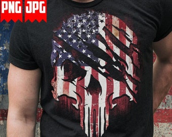Distressed USA Flag Skull PNG for Sublimation & Dtg Prints | USA Skull Png | Us Patriotic Skull Png | Us Skull Shirt | Grunge Usa Flag Png