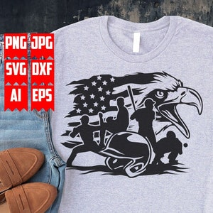 May include: A gray t-shirt with a black and white design of baseball players, a baseball helmet, and an eagle with an American flag in the background.