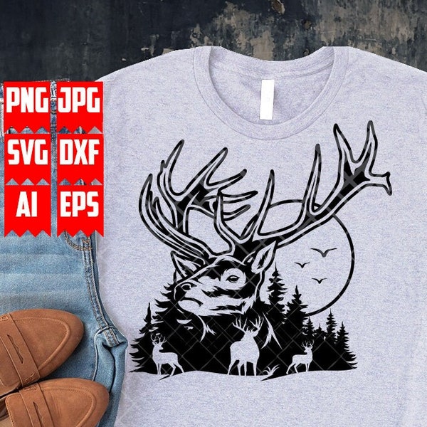 US Deer Hunting svg | Outdoor Clipart | Woodland Animal Clipart | Antler T-shirt Design png | Camping Cut File| Hunter Dad Gift Idea Stencil