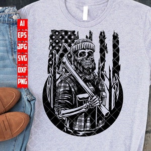May include: Black and white illustration of a skeleton lumberjack holding an axe in front of a distressed American flag. The lumberjack is wearing a plaid shirt and a hat.